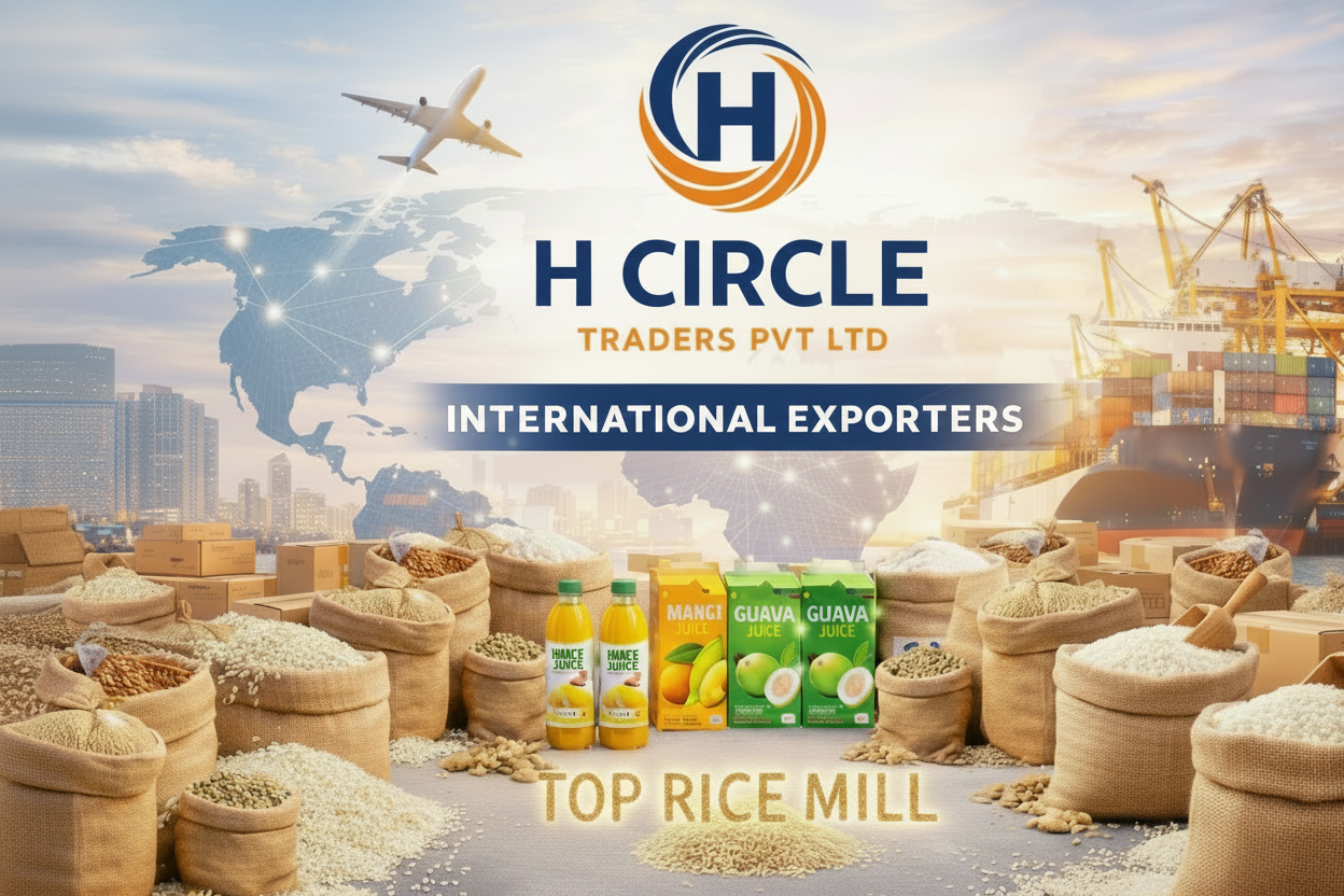 H Circle Traders Pvt Ltd advertisement with shipping containers, airplane, and cargo on a world map background.