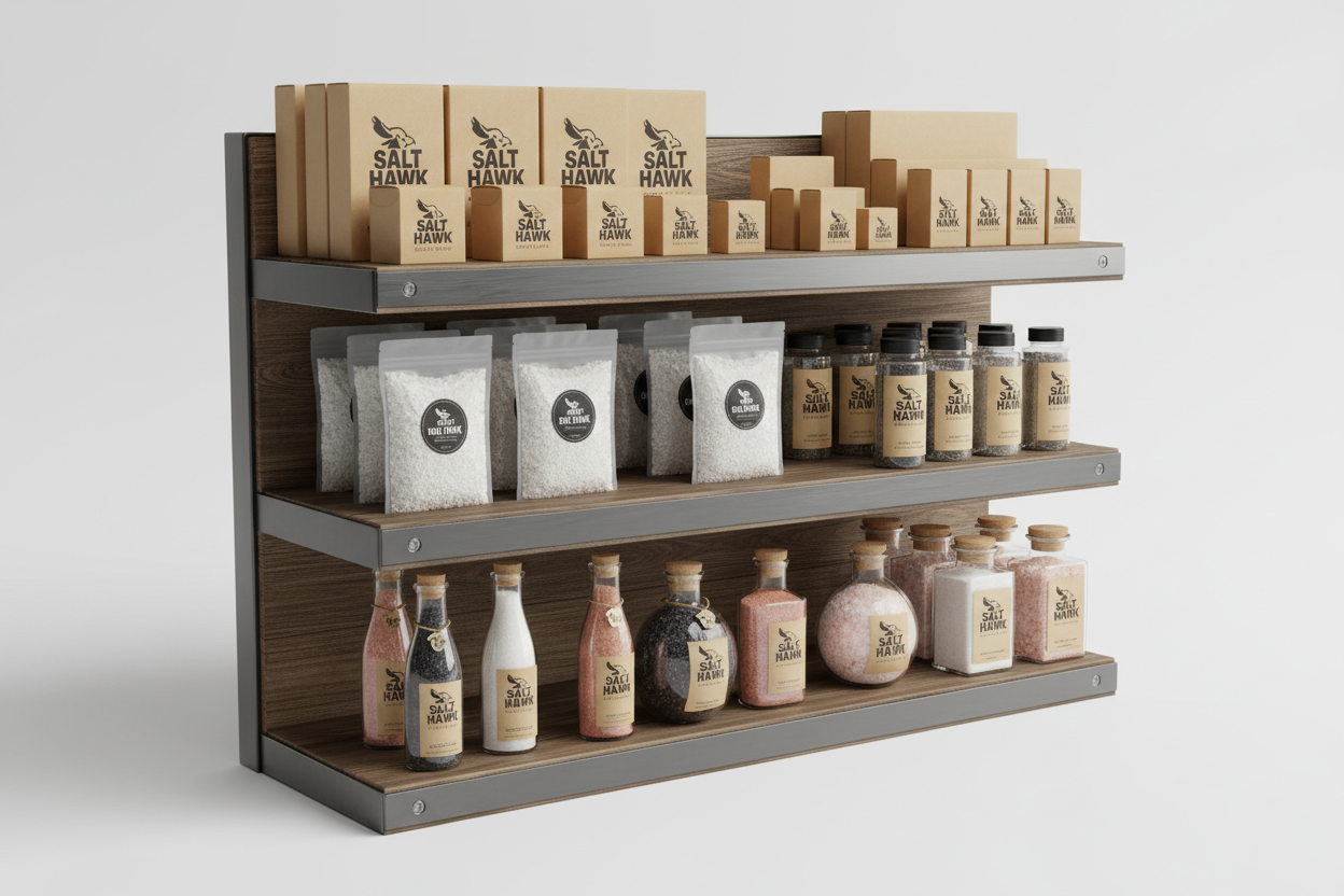 Salt Hawk brand card packaging, pp bags and plastic and glass bottle bulk show